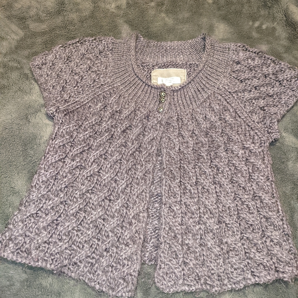 A soft gray/ lilac short sleeve cardigan, very cozy and soft